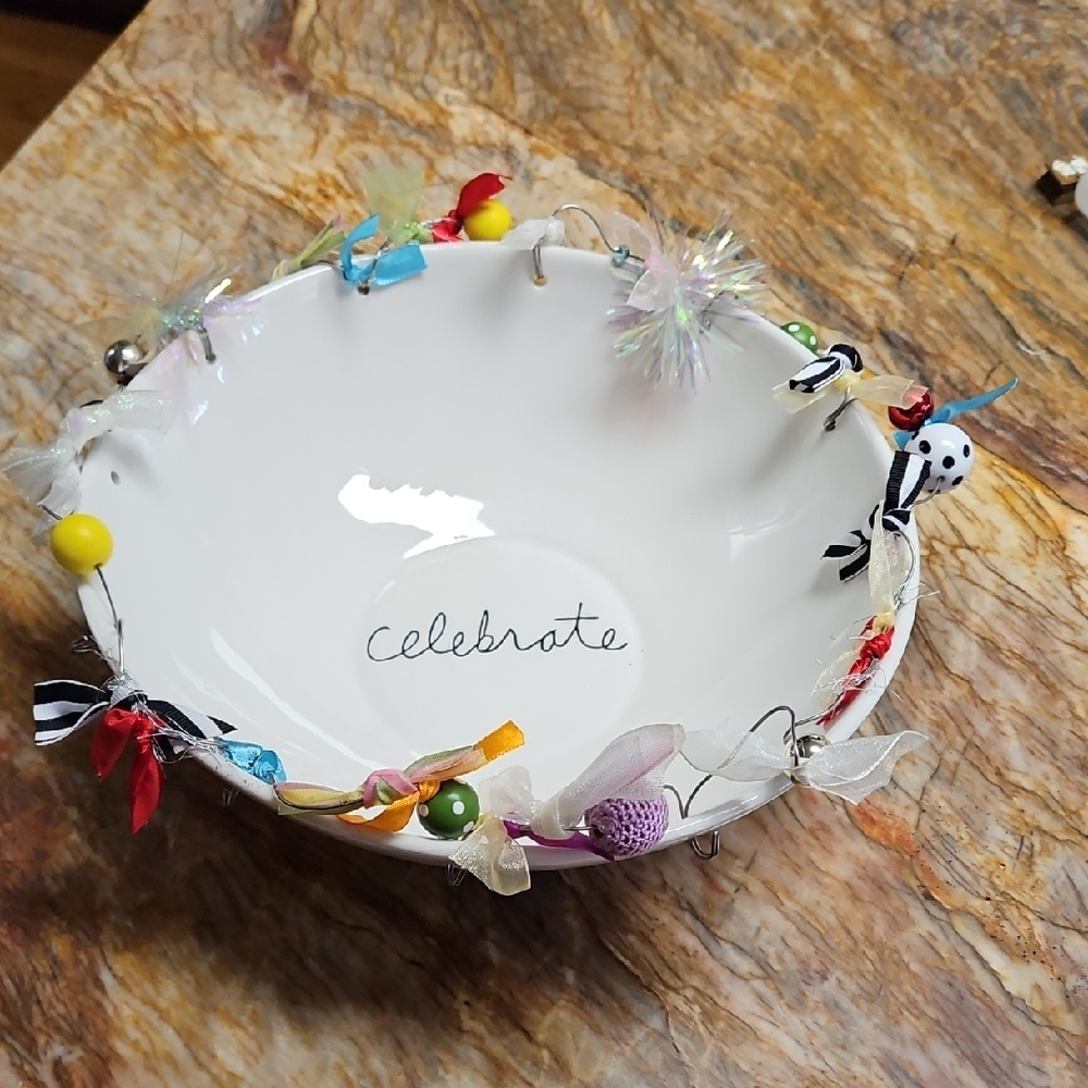 Very Festive CELEBRATE  White Bowl with Colorful Accents - NEW